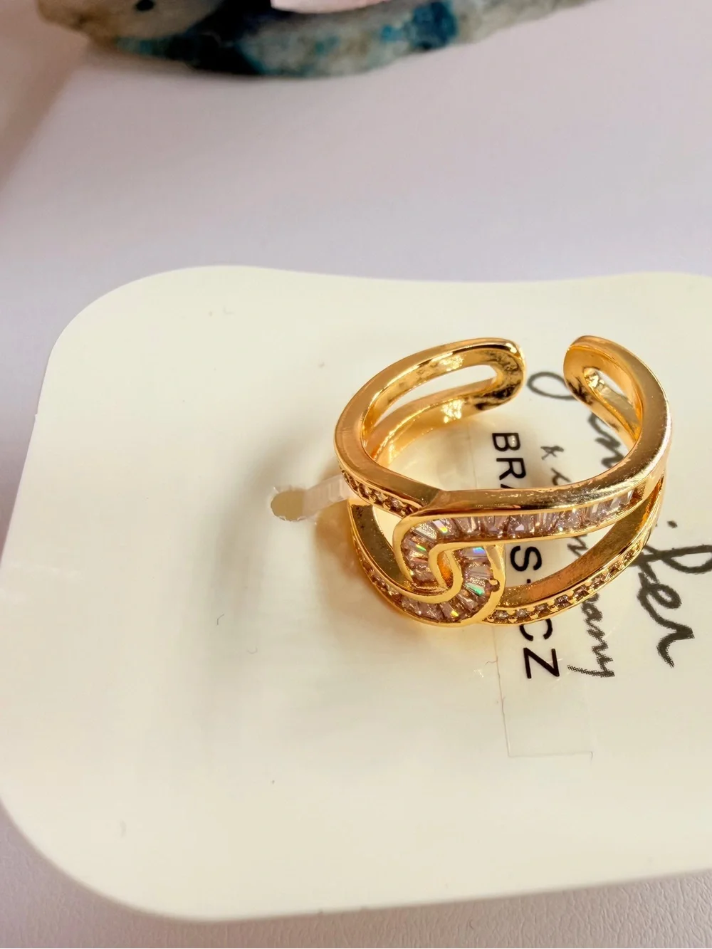 Gold-Tone Pink Baguette Crystal Wave Ring